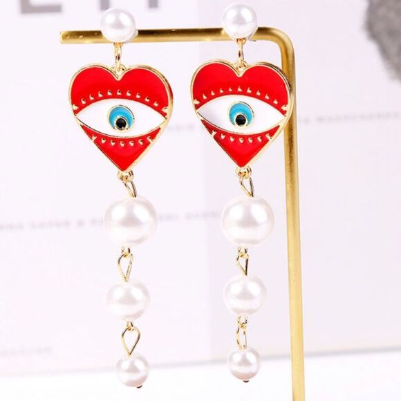 Crimson and Pearl Evil Eye Dangle Post Earrings NWT - Picture 1 of 11